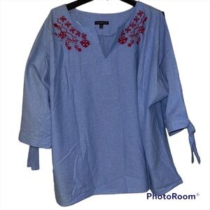 Lane Bryant 26 v neck blouse embroidered floral long split sleeves 100% cotton